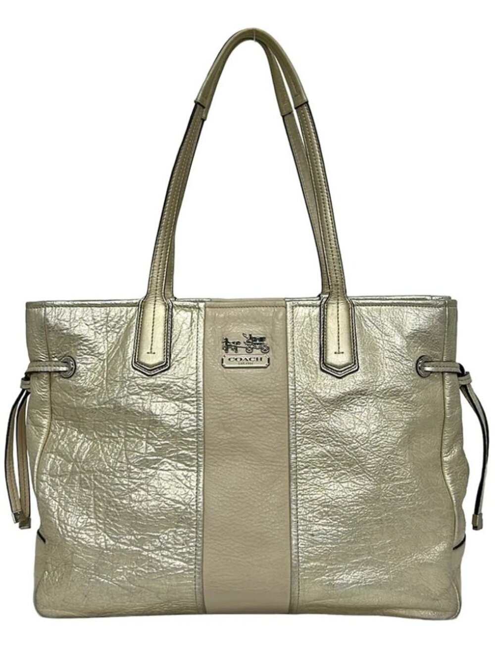 COACH Chelsea Leather Stripe Charlie Tote 18962 Gold Cream Leather Tote Bag